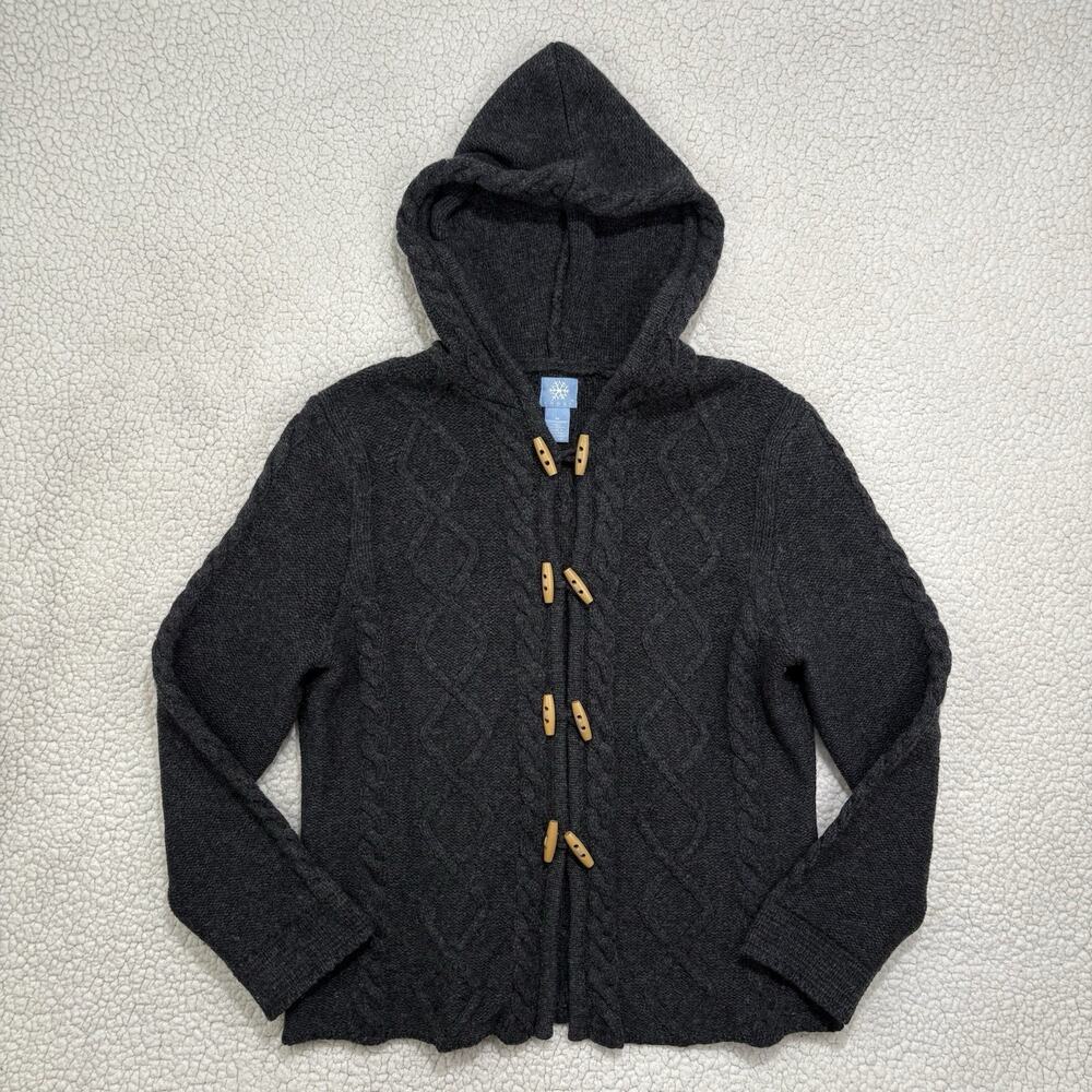FROST 100% Lambs Wool Cardigan Sz M Toggle Buttons Grey Aran Cable Knit Hooded